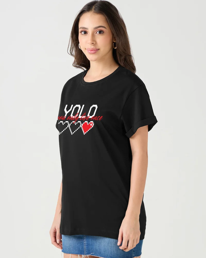 بيواكوف Women's Jet Black Yolo Graphic Printed Boyfriend T-shirt